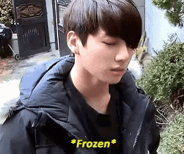 a young man wearing a black jacket with a fur hood says frozen .