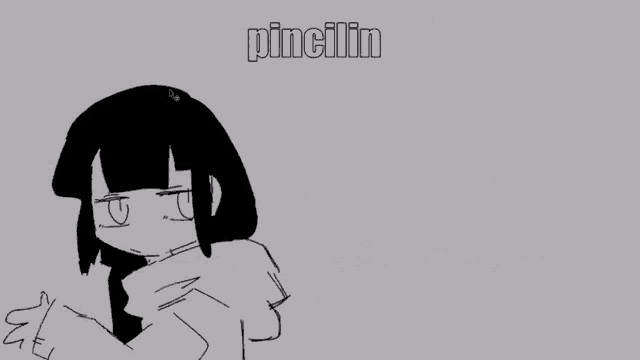 a black and white drawing of a girl with long black hair and the word pincilin written on the bottom .
