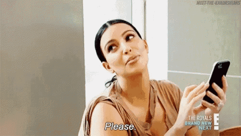 a woman is holding a cell phone in her hand and asking for a please .