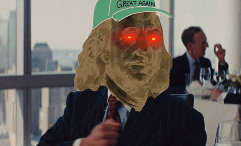 a man in a suit and tie is wearing a hat that says great again