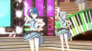 a couple of anime girls are dancing on a stage in front of a piano keyboard .