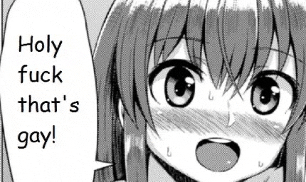 a black and white drawing of a girl saying holy fuck that 's gay .