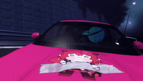 a pink car with a sticker on the hood that says ' hatsune miku '