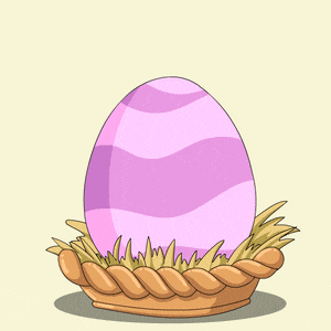 a cartoon drawing of a penguin coming out of an egg in a basket