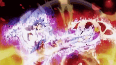 a cartoon of two people fighting each other in a purple and yellow background .