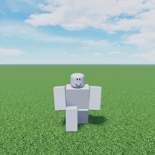 a white roblox character is standing in the grass with a smile on his face