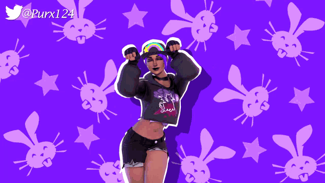 a girl in a crop top is dancing in front of purple rabbits