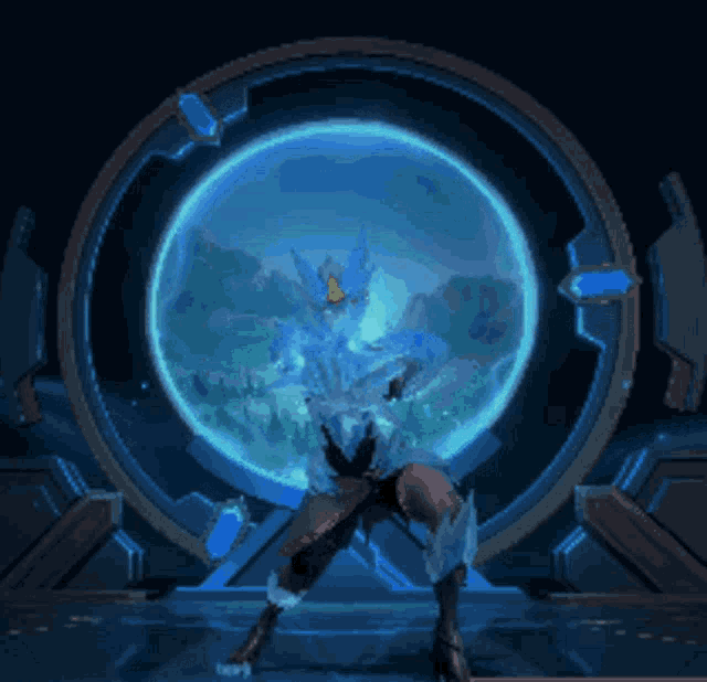 a video game character is standing in front of a large blue sphere