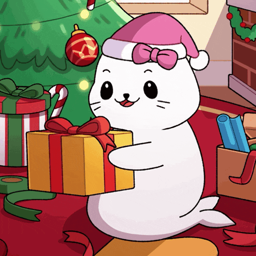 a seal wearing a santa hat holds a gift
