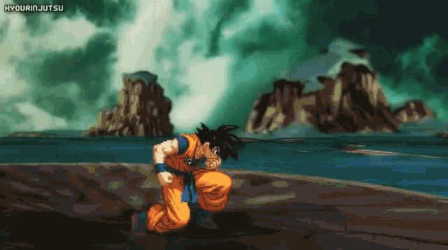 a pixel art of goku from dragon ball z running in front of a body of water