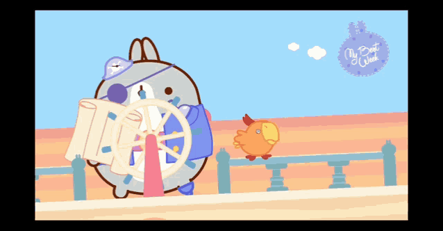 a cartoon of a rabbit holding a steering wheel next to an orange bird with the words " my best week " on the bottom