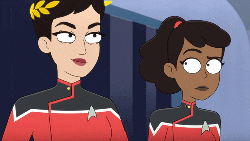 two cartoon characters standing next to each other with one wearing a laurel wreath on her head