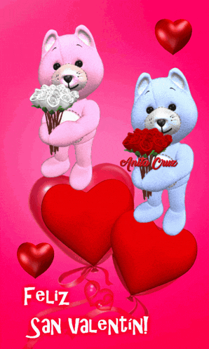 a valentine 's day card with two teddy bears holding bouquets of roses