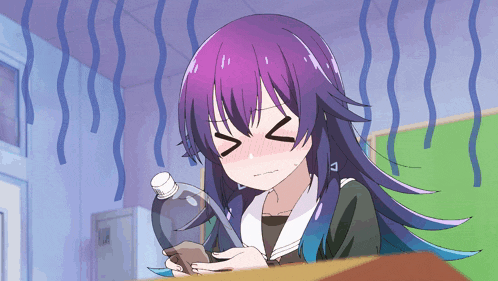 a girl with purple hair is holding a bottle and making a face