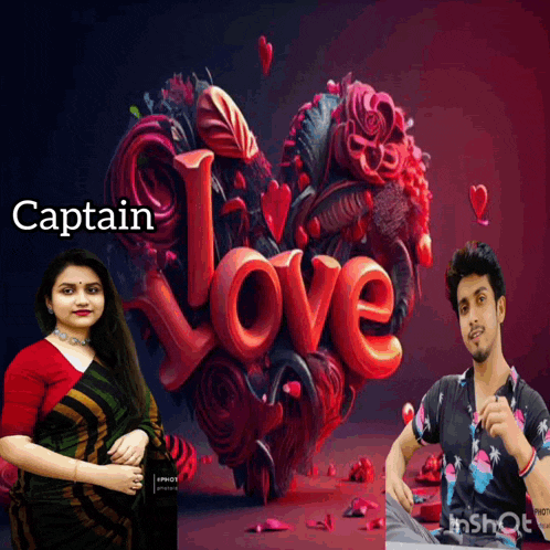 a man and a woman standing in front of a heart with the word love on it