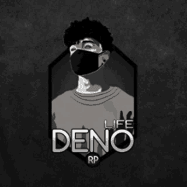 a black and white drawing of a man wearing a mask that says life deno