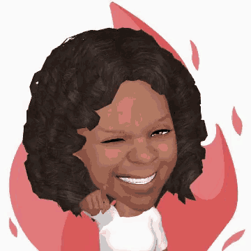 a cartoon of a woman with curly hair is smiling and pointing