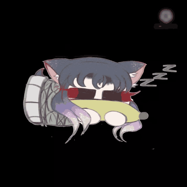 a cartoon drawing of a cat sleeping with the letter n visible