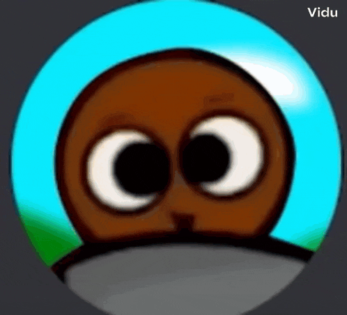 a close up of a cartoon character 's face in a blue circle with big eyes .