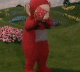 a red teddy bear is laying on its back in the grass .