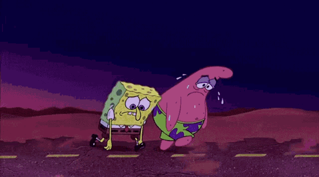 a cartoon of spongebob and patrick walking on a road