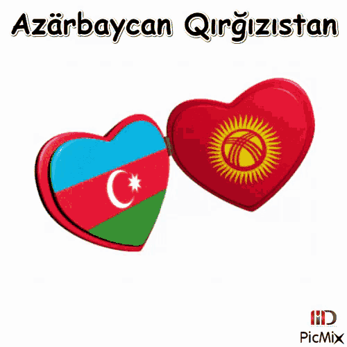 a picture of two hearts with the flags of azerbaijan and kyrgyzstan on them