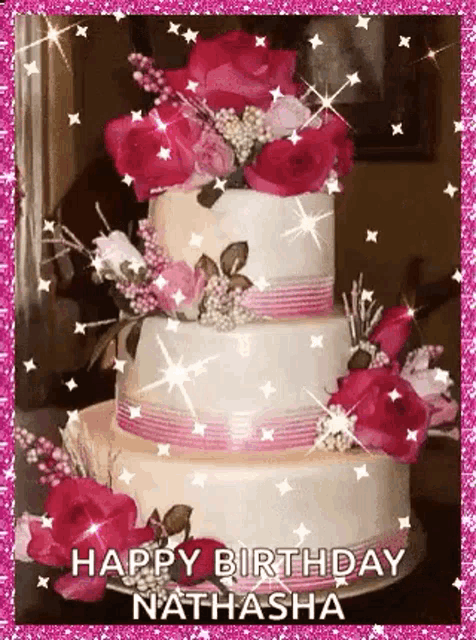 a three tiered birthday cake with pink roses on it is on a table .