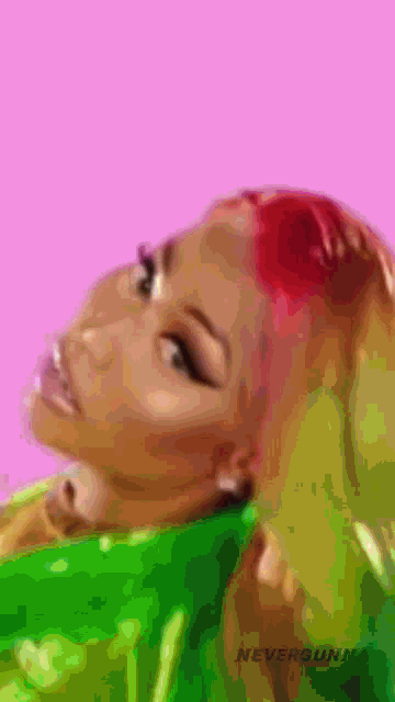 a blurry picture of a woman with red hair and the words never gonna on the bottom