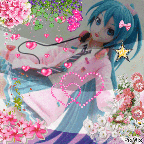 a picture of a doll with a microphone and flowers has the watermark picmix