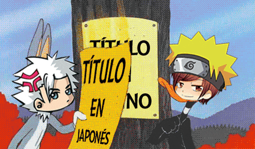 a cartoon drawing of a boy and a rabbit with a sign that says titulo en japones