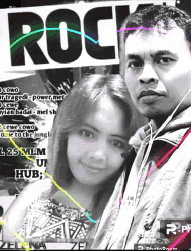 a black and white photo of a man and a woman with the word rock on the bottom