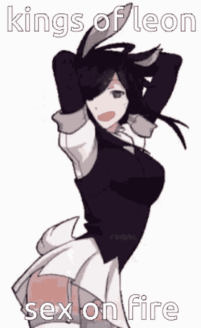 a cartoon of a girl with bunny ears and the words `` kings of leon sex on fire '' written on it .