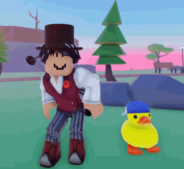 a cartoon character wearing a top hat stands next to a yellow duck