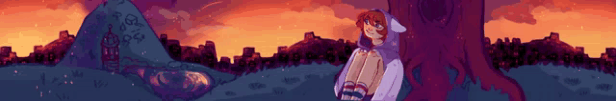 a pixel art drawing of a girl leaning against a tree with a city in the background .