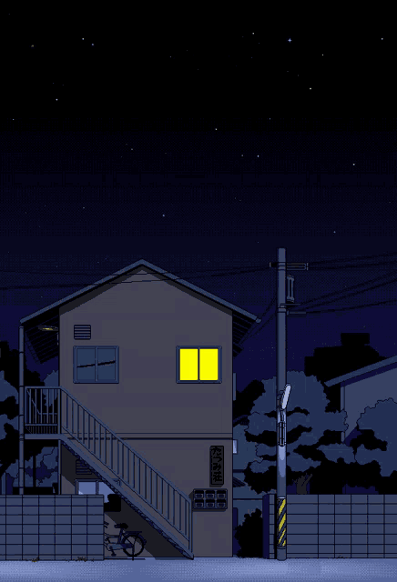 a pixel art drawing of a house at night with a sign that says ' aoyama ' on it