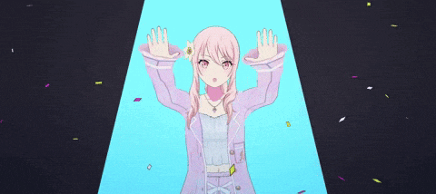 a pink haired anime girl in a purple jacket is standing in front of a blue light surrounded by confetti .