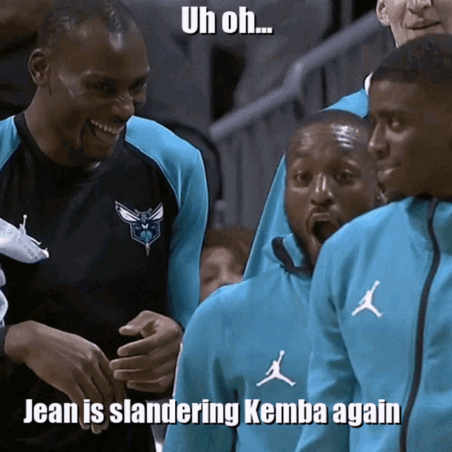 a group of basketball players with a caption that says jean is slandering kemba again