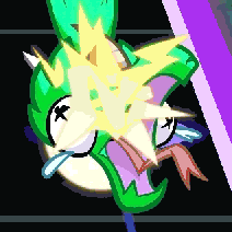 a pixel art drawing of a cartoon character with a purple stripe on the bottom
