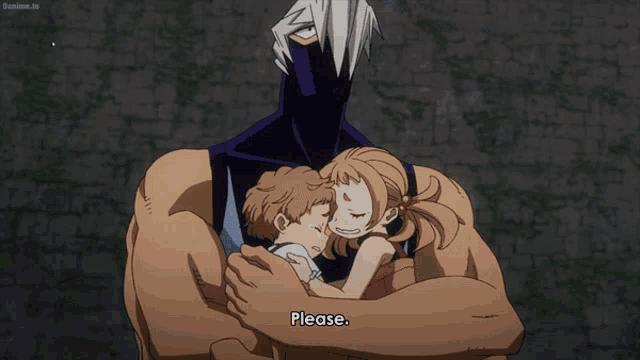 a man with a mask is hugging a little girl and saying please