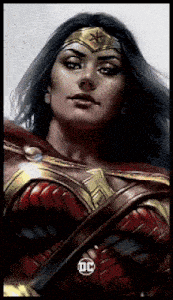 a woman in a wonder woman costume with a dc logo