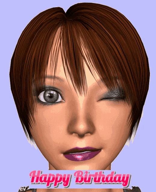 a computer generated image of a woman winks with the words happy birthday written below her