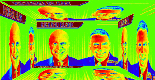 a group of men are standing next to each other on a green background with their faces glowing in different colors .