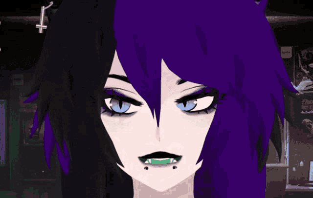 a girl with purple hair and green teeth is standing in front of a poster of friday the 13th
