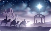 a nativity scene with three wise men on camels and a star in the sky