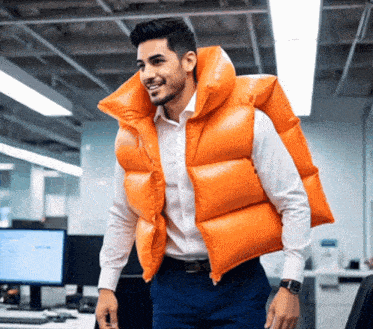 a man wearing an orange vest is standing in front of a computer