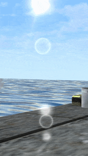 a computer generated image of a dock overlooking a large body of water