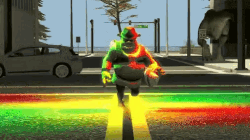 shrek crossing a street with a sign that says highway 65