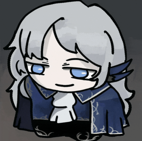 a cartoon drawing of a person with long white hair and blue eyes