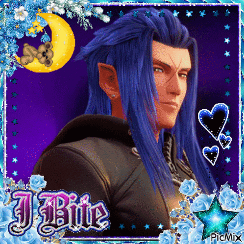 a picture of a man with long blue hair is surrounded by blue roses and stars