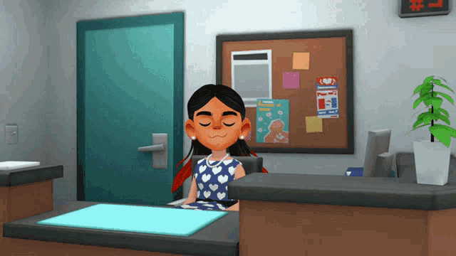 a cartoon girl is sitting at a desk with her eyes closed in front of a sign that says # 1